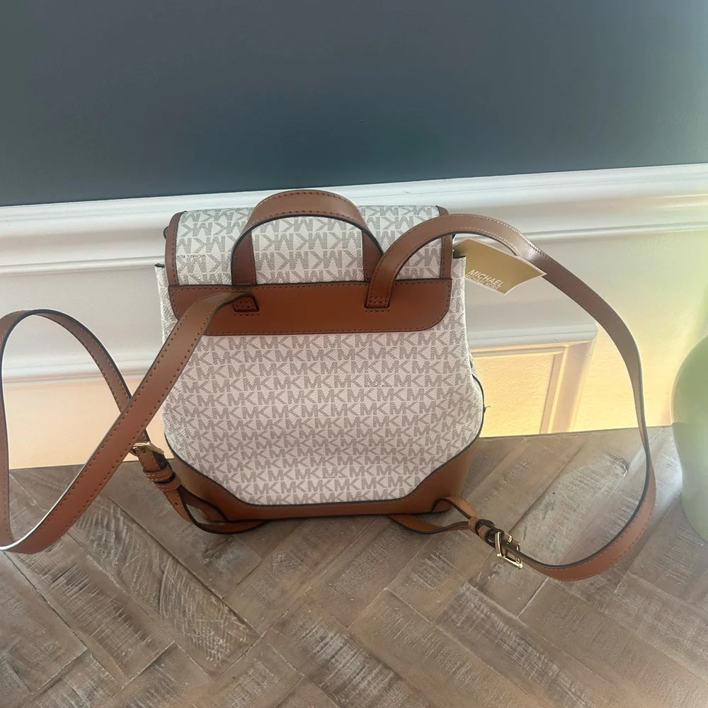 Michael Kors Beige Logo Convertible Backpack with Brown Trim
